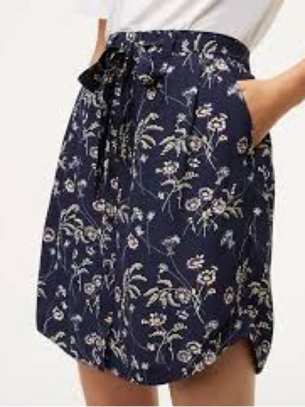 Loft Navy Blue Yellow Floral Button Front Curved Hemline Skirt Women's Size S